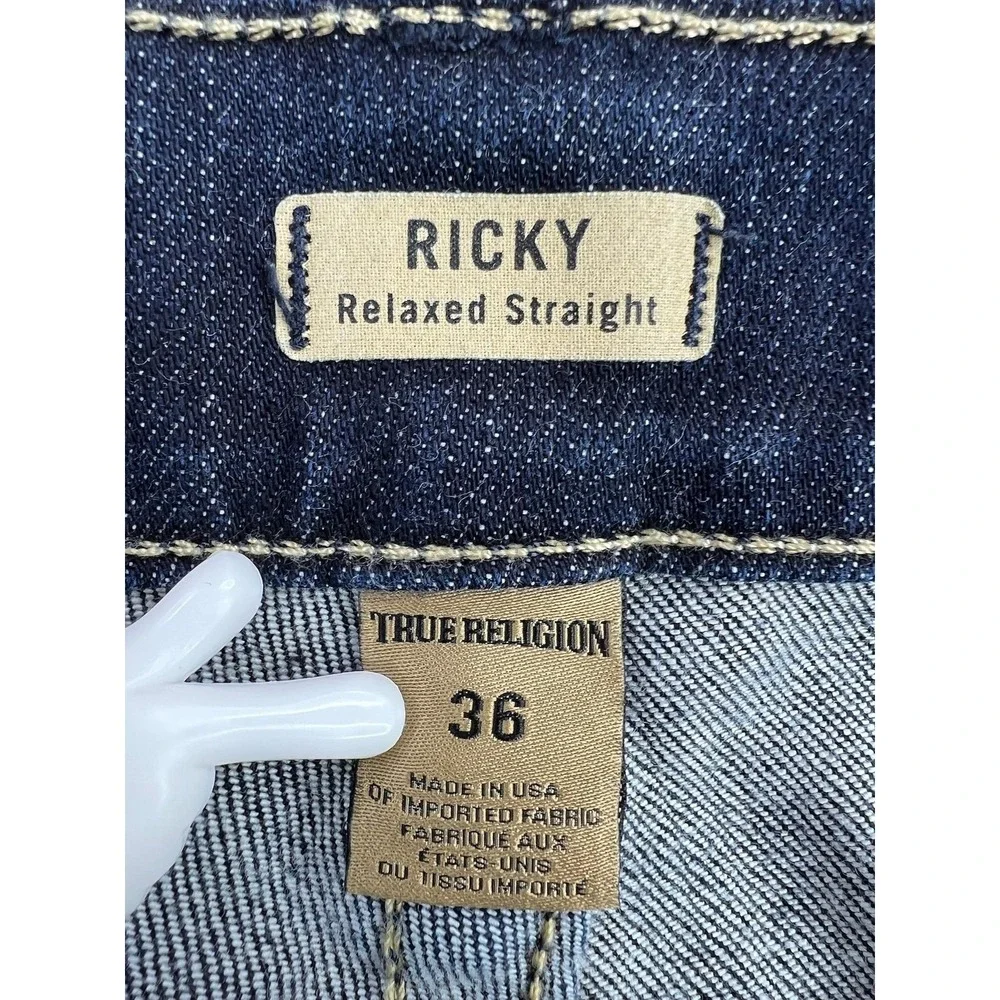 True Religion Ricky Relaxed Straight Jeans Mens 36x26 Blue Stretch Denim USA